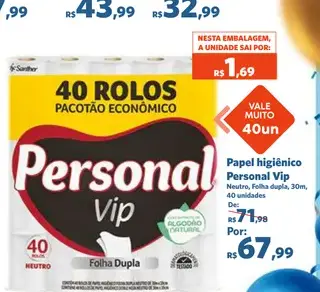 Papel higiênico Personal Vip Neutro, Folha dupla
