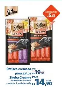 Petisco cremoso para gatos Sheba Atum e camarão
