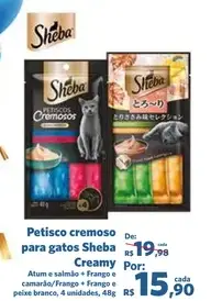 Petisco cremoso para gatos Sheba Atum e salmão + Frango e camarão